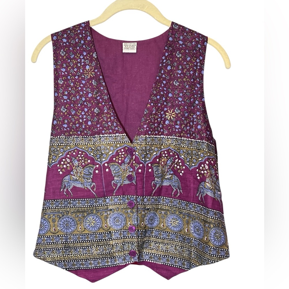Bohemian 100% Cotton Vintage Magenta Buttoned Vest Free Size Statement